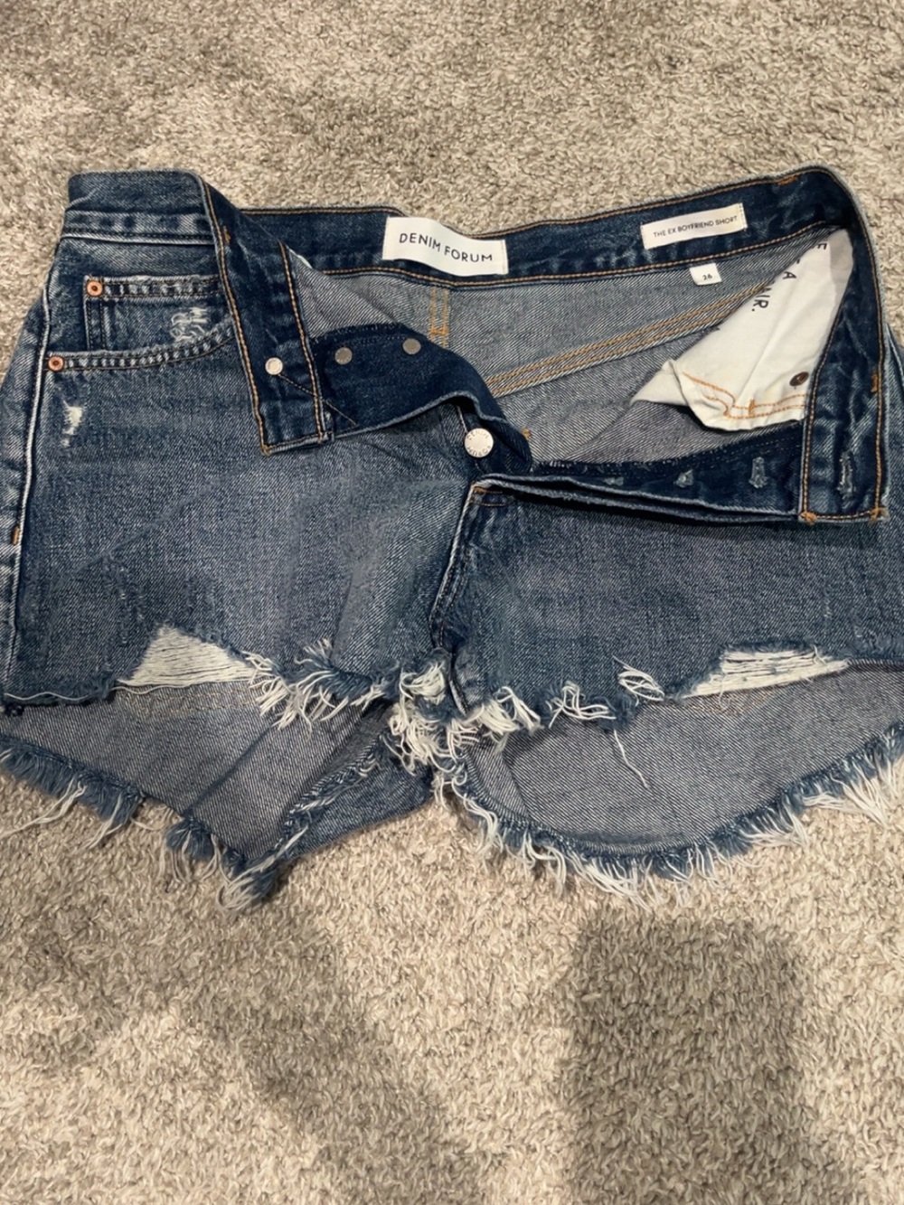 Denim Forum Frayed Dark Blue Distressed Denim Shorts